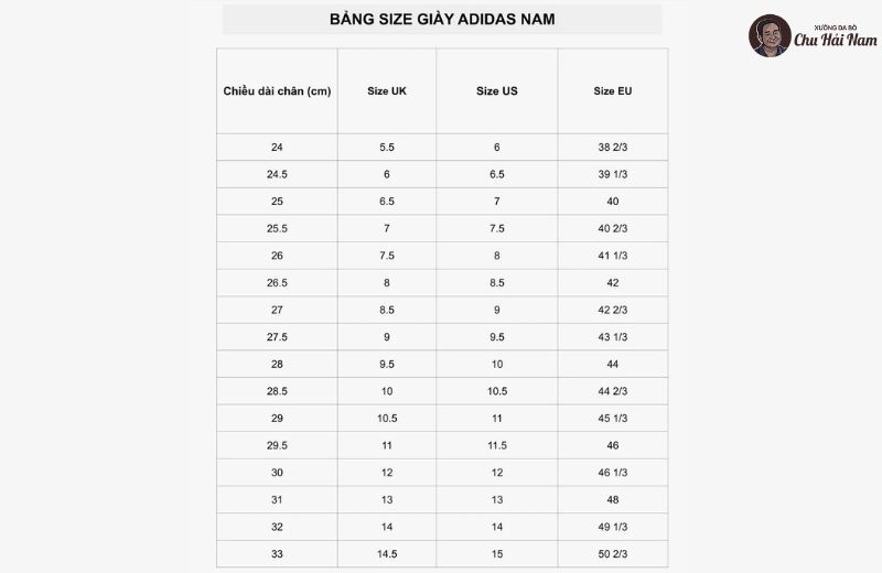 Bảng size giày Adidas nam