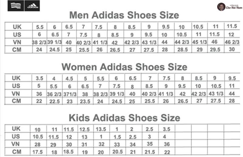 Bảng quy đổi size giày Adidas chính hãng theo EU – US – UK – CM, dễ tra cứu và áp dụng thực tế.