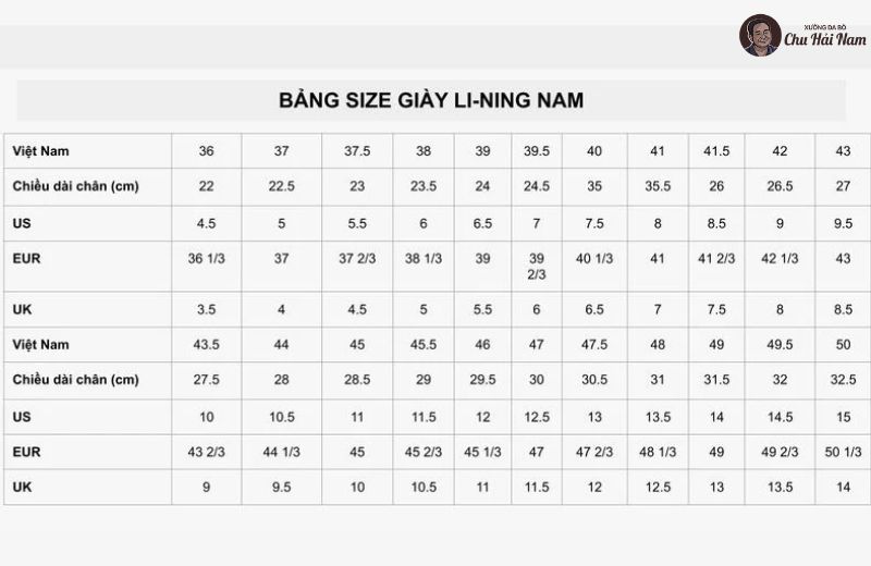 Bảng size giày Li-Ning nam