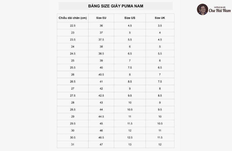 Bảng size giày Puma nam