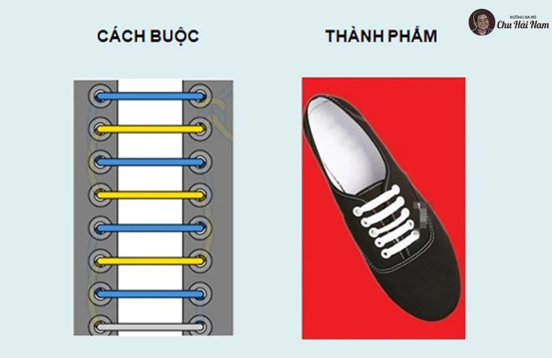 Buộc dây hàng ngang phẳng, đều, tối giản – phù hợp sneaker và giày tây lịch sự.